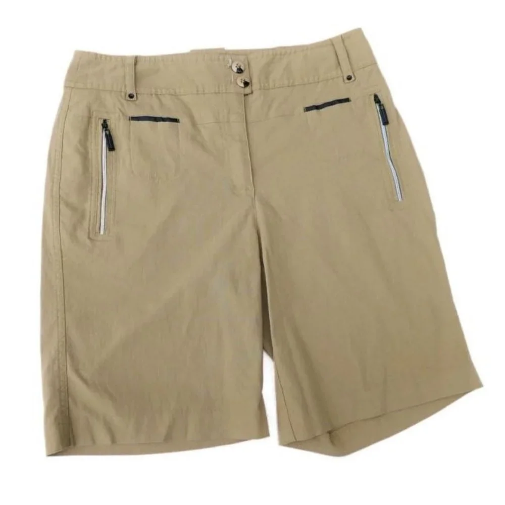 Jamie Sadock Shorts Gold Bermuda Tan Stretch Zip Pockets 8 inch Inseam 2
